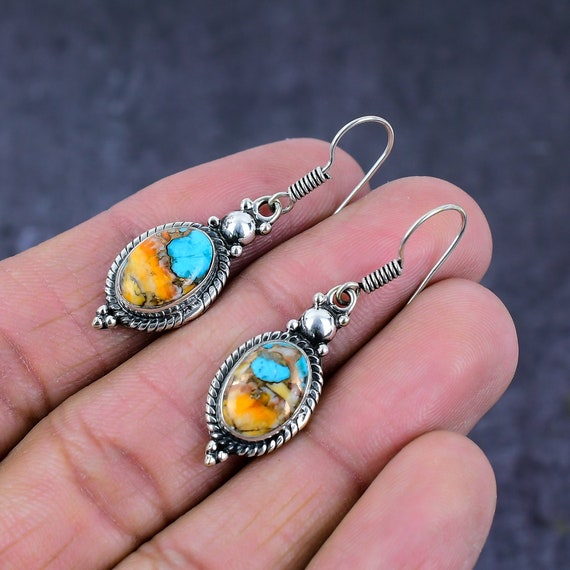 ハンドメイドのターコイズスパイニーオイスターイヤリング：シルバー