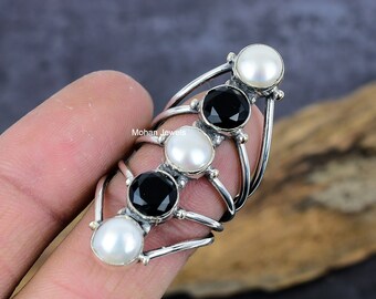 Freshwater Pearl & Black Onyx Silver Plated Full Finger Ring