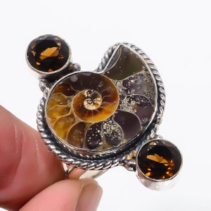 Ammonite Fossil Ring, Ammonite & Honey Topaz Silver Plated Ring, Stackable Ring, Fossilized Ammonite Vintage Ring, Handmade Ring For Women