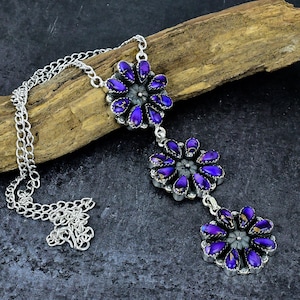 Purple Rose Dahlia Turquoise Necklace, Triple Flower Purple Spiny Oyster Turquoise Silver Statement Necklace Jewelry Gift for Her