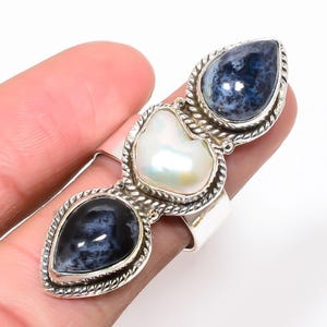 Handmade Dendritic Opal & Biwa Pearl Silver Plated Ring