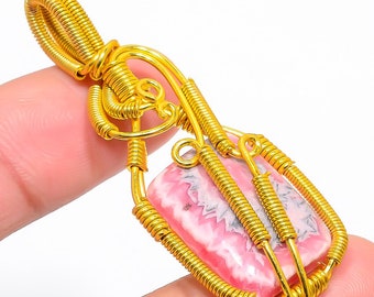 Rhodochrosite Pendant, Gold Wire Wrapped Gemstone Pendant, Handmade Designer Pendant, Healing Crystal Jewelry, Wedding Jewelry Gift for Her