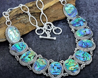 Vintage Abalone Shell Choker: Regnbågsfärgad Paua Ädelsten, Sterlingsilver