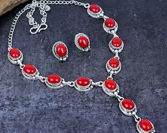 Blodrött korall vintage halsband och örhängesset handgjorda försilvrade ädelstenssmycken