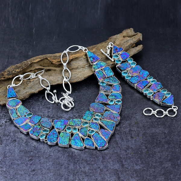 Rainbow Druzy Jewelry, Titanium Drusy  Blue Topaz Necklace & Bracelet Set, Multi Color Peacock Drusy, Mystical Crystal Stone, Birthday Gift