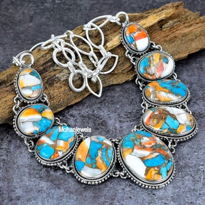 Handmade Kingman Turquoise Necklace: Spiny Oyster Copper Statement Jewelry