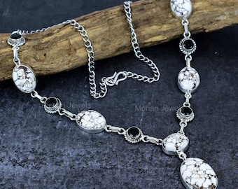 Turquoise Necklace, Natural White Buffalo Turquoise Gemstone Necklace, Black Onyx Necklace, Silver Plated Jewelry, Anniversary Gift for Her