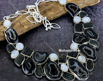 Agate Druzy Choker: Rainbow Moonstone & Raw Tourmaline, Silver Plated