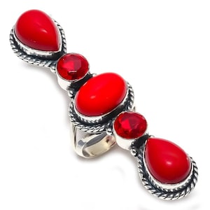 Red Coral Ring, Italian Red Coral & Faceted Garnet Silver Plated Ring, Unique Designer Jewelry, Handmade Ring, Boho Jewelry, Women&#39;s Ring