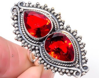 Faceted Red Garnet Silver Plated Ring: Two Stone Boho Jewelry