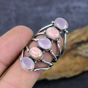 Rhodochrosite Gemstone Ring, Rose Quartz Ring, Silver Plated Ring, Oval Stone Ring, Healing Crystal Wedding Jewelry Gift