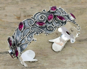 Pink Tourmaline Cuff Bracelet - Rubylite Tourmaline Gemstone Silver Plated Bangle Bracelet - Adjustable Bracelet - Statement Jewelry for Her