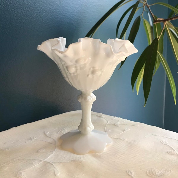 Milk Glass Compote - Fenton Pedestal Dish - Ruffled Edge - Vintage Antique - Mothers Day