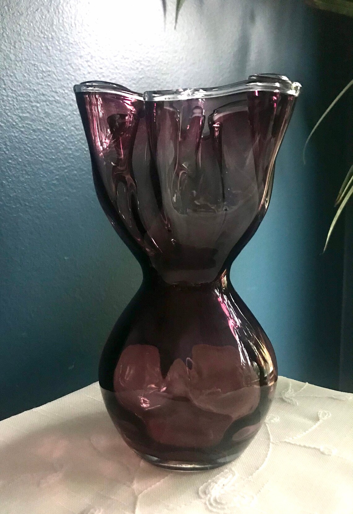 Vintage Amethyst Purple Art Glass Vase ruffled Edge Clear Etsy