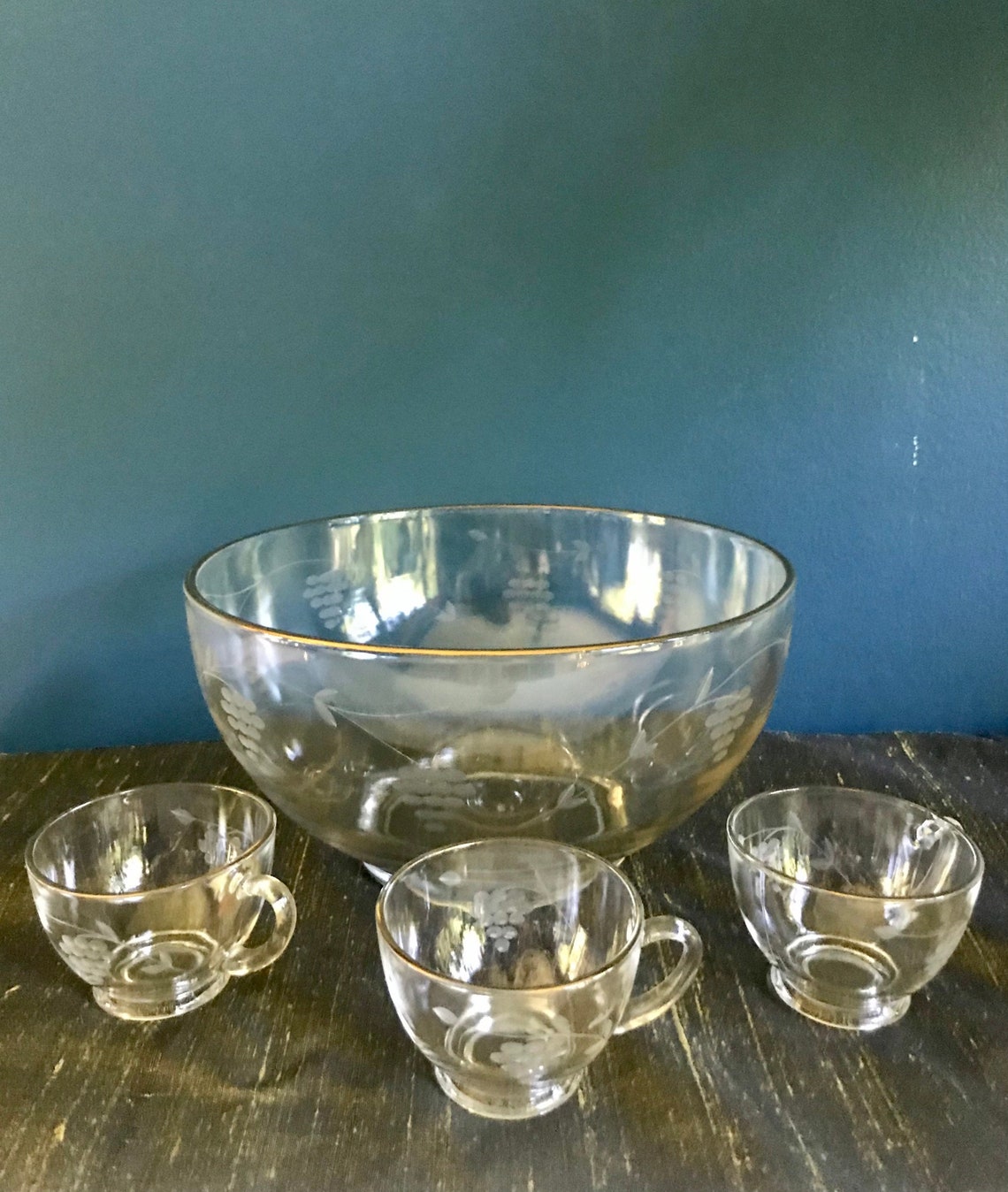 Vintage Crystal Punch Bowl 12 Cup Grapes & Leaves Etched Etsy