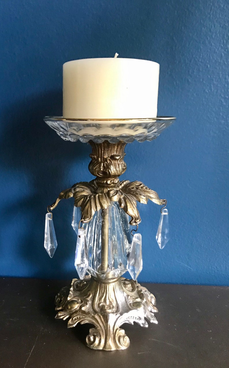 Vintage Ornate Brass Candle Holder Prism Crystals Etsy