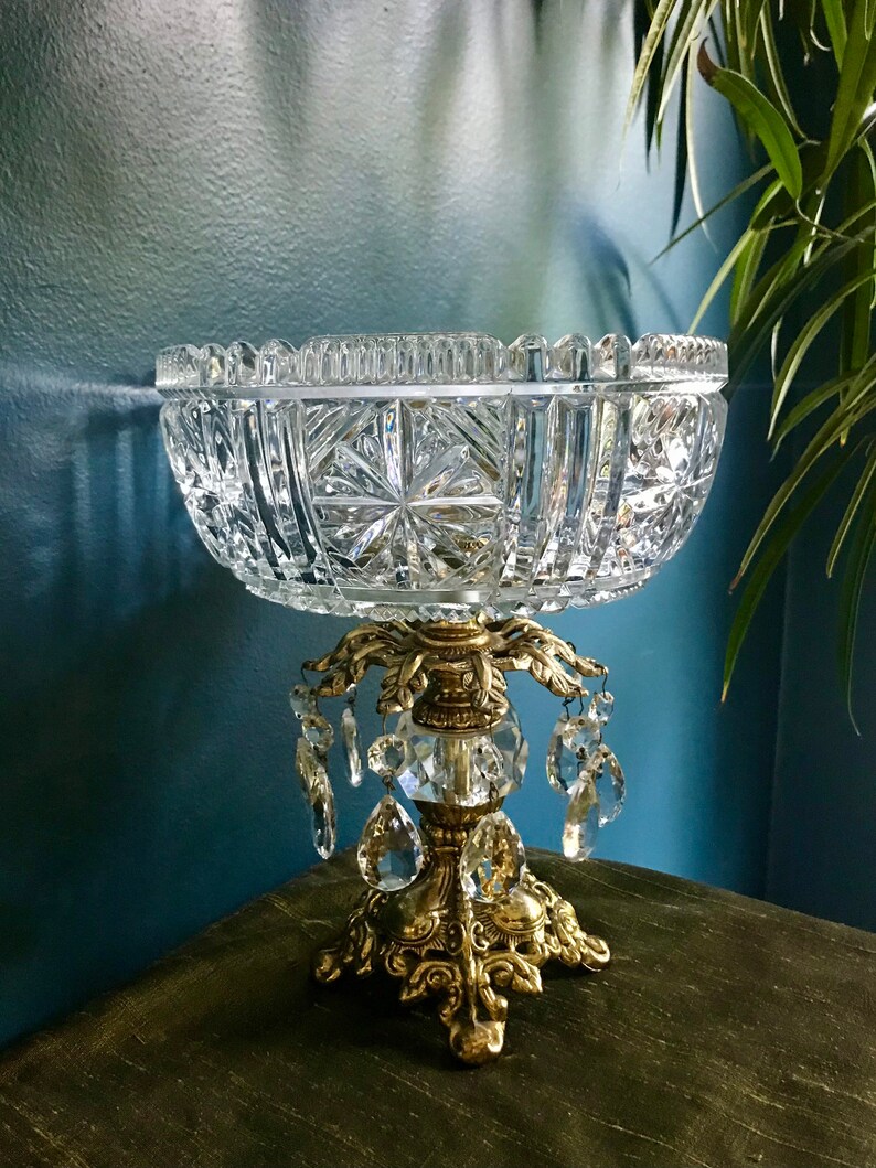 Pedestal Crystal Bowl Ornate Brass Base Crystal Prism Etsy