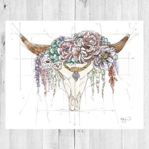 Roze Koe Schedel Print. Boho - kinderkamer - babyshower - kerstcadeau - cadeaus voor haar - koeienschedel schilderen.