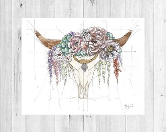 Pink Cow Skull Print. Boho - nursery - baby shower - Christmas gift - gifts for her - cow skull painting.