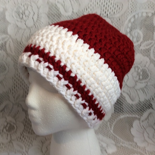 New Handmade Women’s L/XL Crochet Dark Red and White Messy Bun Beanie Ponytail Hat Winter Acrylic