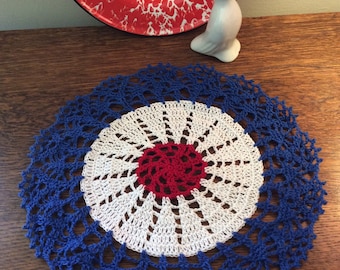 New Handmade Patriotic Red White and Blue Crochet Cotton Doily 10” Round 4th of July Home Decor