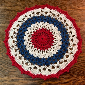 New Handmade Crochet 7” Patriotic Red White and Blue Doily Round Americana Table Decor Home Finished Piece