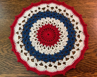 New Handmade Crochet 7” Patriotic Red White and Blue Doily Round Americana Table Decor Home