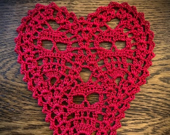 New Handmade Heart with Skulls Crochet Doily Red Cotton 6.5” Valentines Day Love Spooky Goth Skeleton Halloween