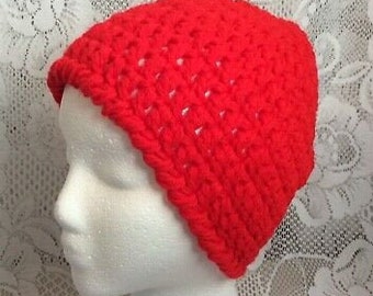 New Handmade Teen Womens M/L Bright Red Winter Beanie Hat