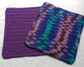 Crochet 100% Cotton Crochet Dishcloths Purple Multicolor Set of 2 Washcloths