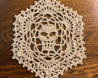 New Handmade Crochet Skull Doily in Cream Bone Color Halloween Spooky