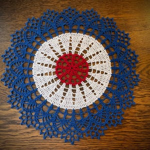 New Handmade Patriotic Red White and Blue Crochet Cotton Doily 11” Round 4th of July Home Decor