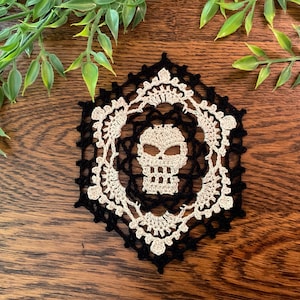 New Handmade Halloween Small Skull Doily Black and Bone Beige Spooky