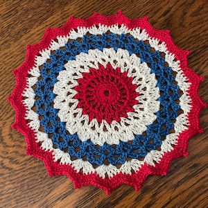 New Handmade Cotton Crochet Doily Red White and Blue Patriotic Theme 6.5” Round Finished Item
