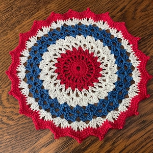 New Handmade Cotton Crochet Doily Red White and Blue Patriotic Theme 6.5 Round image 1