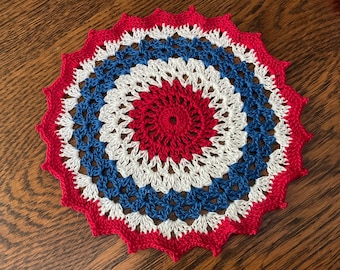 New Handmade Cotton Crochet Doily Red White and Blue Patriotic Theme 6.5” Round