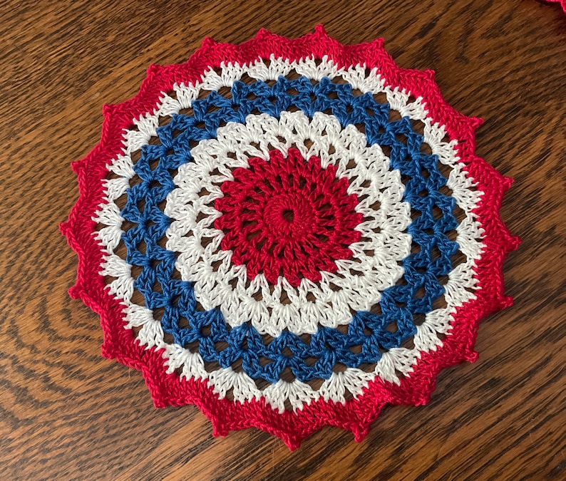 New Handmade Cotton Crochet Doily Red White and Blue Patriotic Theme 6.5 Round image 1