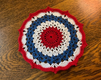 New Handmade Cotton Crochet Doily Patriotic Red White and Blue 6.25” Round