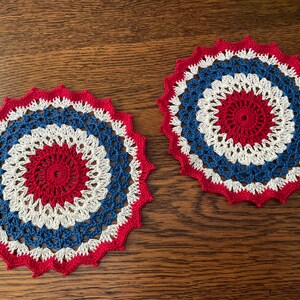 New Handmade Cotton Crochet Doily Red White and Blue Patriotic Theme 6.5 Round image 3