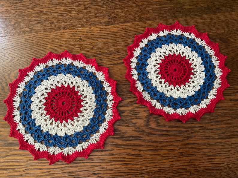 New Handmade Cotton Crochet Doily Red White and Blue Patriotic Theme 6.5 Round image 3