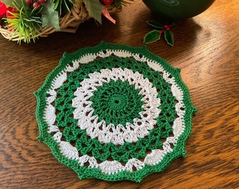 Mint Stripe Crochet Christmas Doily 6” Round Green White Cotton Holiday Decoration Table Accent Handmade
