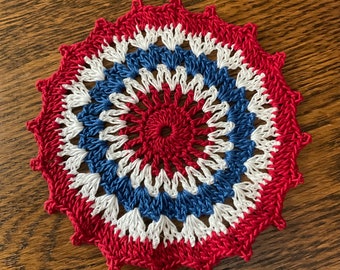 New Handmade Small 4 1/4” Round Crochet Doily Red White Blue Patriotic Americana 4th of July Home Decor Decoration