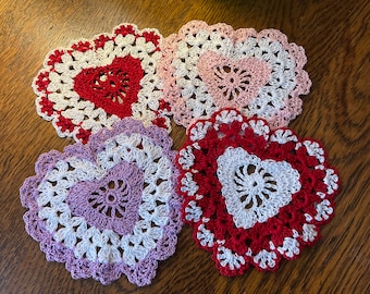 New Handmade Small Cotton Crochet Heart Doily 5” You choose the color Red White Purple Pink Love Romance Valentine’s Day Home Decor