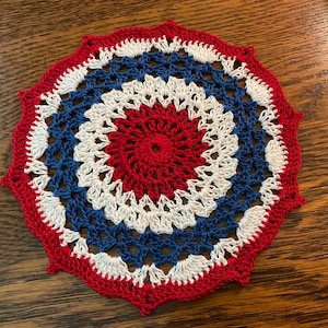 New Handmade Cotton Crochet Doily Patriotic Red White and Blue 6 1/2” Round Small Circle