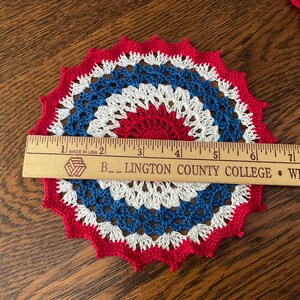 New Handmade Cotton Crochet Doily Red White and Blue Patriotic Theme 6.5 Round image 2