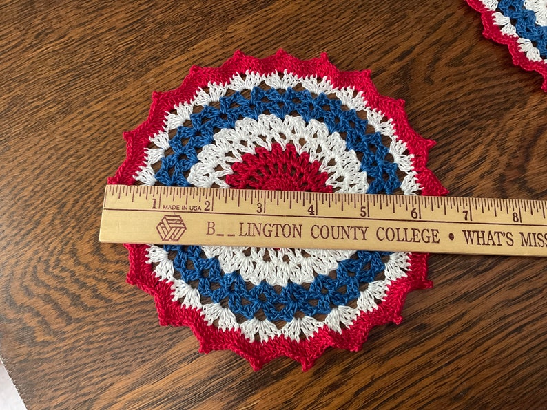 New Handmade Cotton Crochet Doily Red White and Blue Patriotic Theme 6.5 Round image 2