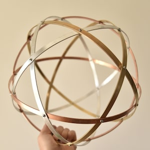 Può includere: Una scultura sferica composta da fasce metalliche intersecanti nei toni del rame, dell'ottone e dell'argento. Le fasce sono unite da piccoli rivetti, formando un globo geometrico. La scultura è presentata su uno sfondo neutro.