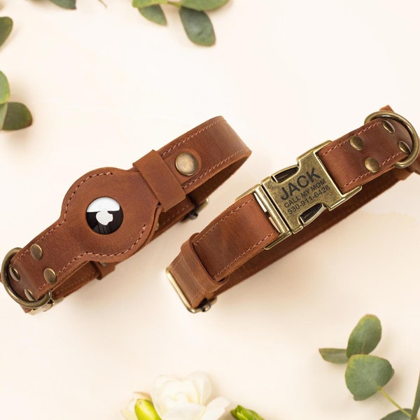 Collar de cuero para perro, hebilla rústica, con soporte para AirTag, personalizado, vintage, regalo para mascotas, con placa de identificación