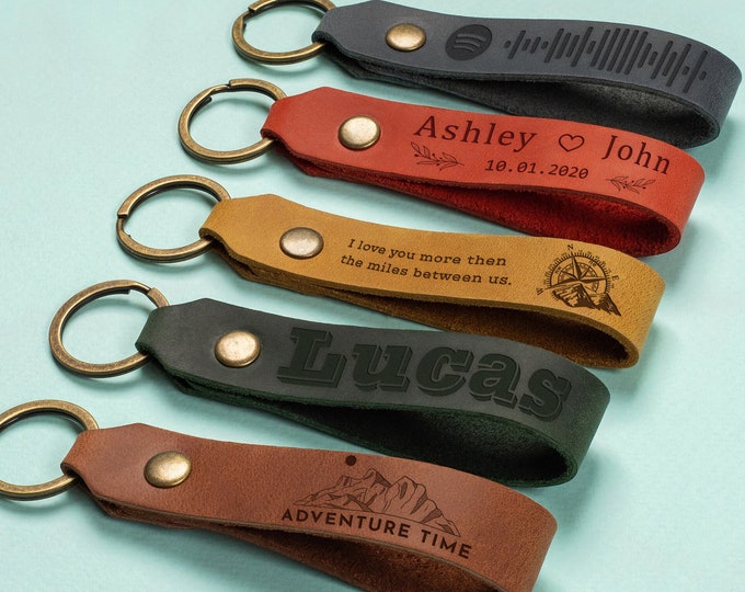 Leather Keychain, Personalized Keychain, Genuine Leather Gift for Him, Customized Keyring, Gift for Dad