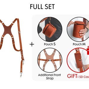 May include: A full set of brown leather camera accessories, including a harness, pouches, and an SD card case. The set includes a harness, two pouches, and an additional front strap. The text "FULL SET" is at the top.